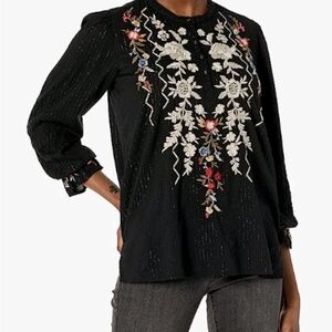 Johnny Was Workshop Floral Embroidered Blouse - Black Metallic Stripe XXS